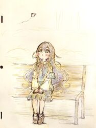  1girl armband bench blue_armband blue_eyes blush book brown_hair brown_shoes bug butterfly collared_shirt commentary full_body graphite_(medium) grey_skirt hair_between_eyes highres kimi_no_koto_ga_dai_dai_dai_dai_daisuki_na_100-nin_no_kanojo long_hair long_sleeves looking_at_animal looking_up neck_ribbon ohananomitsu_high_school_uniform on_bench open_mouth red_ribbon ribbon school_uniform shirt shoes simple_background sitting skirt solo traditional_media very_long_hair vest wide-eyed wooden_bench yano_akane yoshimoto_shizuka 