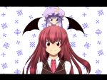  bat_wings checkered chibi chibi_on_head crescent destino expressionless hat head_wings koakuma letterboxed long_hair minigirl multiple_girls necktie patchouli_knowledge purple_eyes purple_hair red_eyes red_hair smile the_embodiment_of_scarlet_devil touhou vest wings 