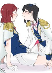  2girls between_legs black_hair blue_vest blush bow bowtie closed_mouth commentary_request epaulettes eye_contact from_side gloves highres jacket long_sleeves looking_at_another love_live! love_live!_school_idol_project medium_hair multiple_girls nishikino_maki parted_lips pink_bow pink_bowtie profile red_eyes red_hair shorts signature simple_background sitting smile surfacedxxc twintails vest violet_eyes white_background white_gloves white_jacket white_shorts yazawa_nico yuri 