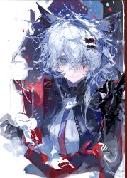 1girl absurdres animal_ears arknights black_jacket blood blood_from_eyes blood_on_face blue_necktie chinese_commentary closed_mouth commentary_request dot_nose gradient_necktie grey_eyes grey_hair hair_between_eyes highres jacket lappland_(arknights) lappland_the_decadenza_(arknights) long_hair looking_at_viewer messy_hair multicolored_necktie necktie red_necktie scar scar_across_eye scar_on_face smile solo two-tone_necktie upper_body wolf_ears wolf_girl yunijuebie 