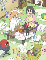  1other 2girls absurdres anime_coloring apron bandana black_cat blonde_hair blue_eyes bowl box bread_bun cardboard_box cat chair crayon cup daruma_doll drawing_(object) drink_carton folded_clothes food glue grey_eyes grey_hair hand_to_own_mouth highres hosokawa_naoki indoors kokeshi lab_coat long_sleeves messy_room milk_carton mogura_(nichijou) mug multiple_girls nichijou nishiya_futoshi no_nose office_chair official_art on_cushion open_mouth out_of_frame papers pet_bowl pink_sweater pointing pointing_at_another professor_shinonome puff_of_air red_bandana rope sakamoto_(nichijou) shimoura_ayumi shinonome_nano short_hair sitting socks stuffed_toy sweatdrop sweater swivel_chair table third-party_source tissue_box uno_shizuka v-shaped_eyebrows white_socks winding_key wooden_table yellow_apron yoneda_yuka yunomi 