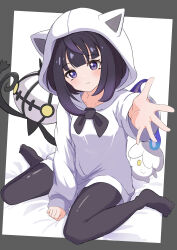  1girl absurdres alternate_costume animal_ears black_pantyhose blue_hoodie blunt_bangs chandelure collarbone commentary fake_animal_ears grey_eyes gwynn_(pokemon) highres hood hood_up hoodie litwick long_sleeves outstretched_hand pantyhose parted_lips pokemon pokemon_(creature) pokemon_legends:_z-a rono_(lethys) sitting sleeves_past_wrists spread_fingers 