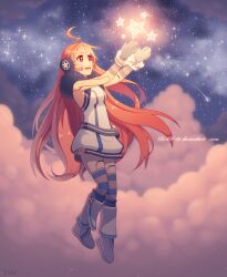  1girl :d ahoge boots clouds commentary dav-19 dress english_commentary floating full_body gloves headphones headset joints long_hair red_eyes red_hair robot_joints sf-a2_miki shooting_star smile solo star_(sky) star_(symbol) striped_clothes striped_thighhighs thigh-highs very_long_hair vocaloid web_address white_boots white_gloves wrist_cuffs 