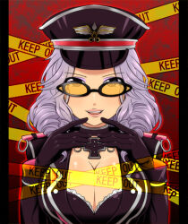  1girl azumakuro black_coat black_gloves breasts coat collarbone cross cross_necklace eyeliner gloves hat hikounin_sentai_akibaranger jewelry keep_out lab_coat large_breasts lips long_sleeves makeup maruseena necklace peaked_cap purple_eyeliner purple_hair solo sunglasses tinted_eyewear upper_body yellow-tinted_eyewear 