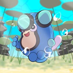  air_bubble black_eyes bright_pupils bubble commentary_request full_body lily_pad no_humans open_mouth outline palpitoad pokemon pokemon_(creature) pokemon_focus santazumi smile solo underwater white_outline white_pupils 