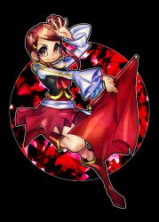  1girl black_background boots closed_mouth commentary_request cure_matador earrings english_commentary flower hair_flower hair_ornament hairpin happinesscharge_precure! holding international_precure jewelry magical_girl mixed-language_commentary muleta precure red_boots red_eyes red_flower red_hair red_skirt senmu_(0107) sidelocks simple_background skirt smile solo 