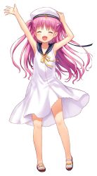  1girl :d ^_^ arms_up blush bow closed_eyes commentary_request dress facing_viewer fang floating_hair full_body hair_between_eyes hand_on_headwear happy hat hat_bow highres katou_umi long_hair medium_dress nakamura_hinato open_mouth outstretched_hand pink_hair ribbon sailor_dress sailor_hat sandals simple_background sleeveless sleeveless_dress smile solo standing summer_pockets two_side_up upskirt very_long_hair waving white_background white_dress white_hat white_sandals yellow_bow yellow_ribbon 