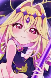  1girl absurdres blonde_hair blush closed_mouth commentary_request crossed_bangs cure_arcana_shadow fingernails gradient_hair hair_between_eyes highres holding holding_rod long_hair looking_at_viewer magical_girl meitantei_precure! moria_luluka multicolored_hair nail_polish pink_hair precure purple_nails red_eyes rod smile solo sugimura_mickey tear_arcana_rod upper_body 