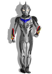  1boy abs absurdres alien arm_blade armor black_skin chest_guard clenched_hands color_timer colored_skin compound_eyes crystal dorsal_fin evoltruster forehead_jewel giant giant_male glowing glowing_eyes highres looking_at_viewer male_focus multicolored_skin neo_phantom no_humans no_pupils original pectorals silver_skin solo studded_armor tokusatsu toned toned_male ultra_series ultraman_nexus_(series) weapon wrist_blades yellow_eyes 