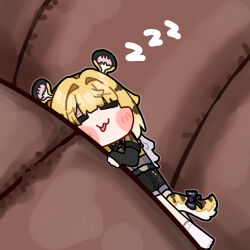  1girl :3 =_= animal_ears black_shorts blonde_hair blush_stickers bow chibi chibi_only closed_mouth commentary_request couch elbow_gloves facing_viewer fingerless_gloves from_above full_body gloves jacket ju_fufu ldd.ek lying mini_person minigirl on_couch shorts sleeping socks solo tail tail_bow tail_ornament tiger_ears tiger_girl tiger_tail yellow_jacket zenless_zone_zero zzz 