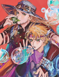 2boys 756zl arm_around_shoulder armband ball battle_tendency beard blonde_hair blowing_bubbles blue_gloves blue_jacket blue_nails bridal_gauntlets brown_armband brown_bridal_gauntlets brown_shirt bubble caesar_anthonio_zeppeli commentary_request facial_hair facial_mark feather_hair_ornament feathers fingerless_gloves gloves goggles goggles_on_headwear green_eyes green_lips green_nails grey_hat grey_shirt gyro_zeppeli hair_ornament hat headband high_collar highres holding holding_ball hydrokinesis in-franchise_crossover jacket jojo_no_kimyou_na_bouken long_hair looking_at_viewer makeup male_focus multiple_boys ok_sign orange_headband pink_headband purple_scarf scarf shirt steel_ball_(jojo) steel_ball_run studded_shirt time_paradox triangle_print two-tone_headband water 