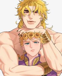  2boys aqua_eyes black_nails blonde_hair bracelet braid braided_ponytail closed_mouth dio_brando earrings father_and_child father_and_son giorno_giovanna head_rest height_difference high_collar highres hug hug_from_behind jacket jewelry jojo_no_kimyou_na_bouken komiya_harumoto long_hair looking_at_viewer male_focus multiple_boys muscular muscular_male parent_and_child pectorals pink_jacket pout red_eyes scar scar_on_neck simple_background size_difference smile stardust_crusaders time_paradox topless_male vento_aureo victory_rolls white_background wing_ornament 
