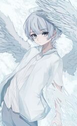  1boy absurdres angel angel_wings commentary_request expressionless feathered_wings feathers grey_background grey_eyes grey_hair grey_pants hair_between_eyes halo highres long_sleeves looking_at_viewer male_focus nemuri_namida_rua original pants shirt signature solo two-tone_background white_background white_feathers white_shirt white_wings wings wolf_cut 