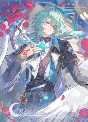  1boy absurdres anaxa_(honkai:_star_rail) angel_wings aqua_eyes aqua_hair black_jacket black_pants blue_ribbon chinese_commentary collared_shirt commentary_request cowboy_shot earrings english_text eyepatch floating_hair flower gem hair_between_eyes hair_intakes hand_on_own_chest hand_up heiyi_mataozi highres holding holding_sword holding_weapon honkai:_star_rail honkai_(series) jacket jewelry long_hair looking_to_the_side male_focus multiple_rings pants parted_lips red_flower red_gem red_pupils red_rose ribbon ring rose shirt single_earring solo sword teeth watermark weapon white_wings wings 