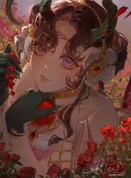  1girl absurdres anjo_nala anjo_nala_(forbidden_fruit) apple artist_name bare_shoulders black_hair commentary demon_girl demon_horns english_commentary flower food fruit gloves green_gloves green_horns hair_flower hair_ornament hands_up highres holding holding_food holding_fruit horns long_hair looking_at_viewer mintii_v2 official_alternate_costume parted_lips red_flower red_rose reverse:1999 rose signature solo upper_body violet_eyes white_flower 