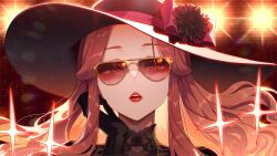  1girl black_flower brown_hair close-up commentary_request flower hat hat_flower hat_ribbon highres idolmaster idolmaster_cinderella_girls long_hair parted_lips pink_ribbon red_lips ribbon shizuru_(daikoukaizidai) solo sunglasses zaizen_tokiko 