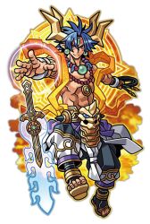  1boy bangle blue_hair bracelet closed_mouth energy_ring facial_mark floating floating_object floating_sword floating_weapon forehead_jewel forehead_mark gold_horns gold_trim hagoromo harakawa_mitsuhiro holding holding_whip jewelry mark_under_eye muscular muscular_male necklace official_art open-toe_shoes pants pointy_ears red_eyes ryuuga_(shinrabanshou) sanpaku seven-branched_sword shawl shinrabanshou short_hair solo stomach_jewel sword third-party_source topless_male transparent_background tsurime weapon whip 