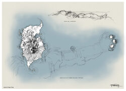  bionicle christian_faber concept_art copyright_logo english_commentary great_spirit_robot highres island joints logo mata_nui_(island) mechanical_hands mechanical_legs no_humans robot robot_joints signature the_lego_group volcano 