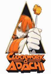  1girl a.i._voice a_clockwork_orange adachi_rei commentary_request grin hair_between_eyes holding kurokoge013 looking_at_viewer movie_poster_(medium) orange_eyes orange_hair parody smile solo white_background 