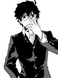 1boy adjusting_eyewear ahoge blush buttons collared_shirt facing_viewer gakuran glasses hair_between_eyes hand_in_pocket jacket looking_at_viewer messy_hair metarogu monochrome school_uniform shirt short_hair solo souya_high_school_uniform standing tohno_shiki tsukihime tsukihime_(remake) upper_body 