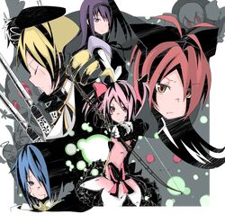  aiming_at_viewer akemi_homura blood blood_on_face bow_(weapon) charlotte_(madoka_magica) closed_eyes cuts eyes_closed gun hair_over_one_eye high_contrast hope_yakisoba injury kaname_madoka magical_girl mahou_shoujo_madoka_magica miki_sayaka multiple_girls pov_aiming profile pyotr_(madoka_magica) rifle sakura_kyouko tears tomoe_mami transparent_background weapon 