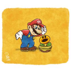  1boy absurdres adjusting_clothes adjusting_headwear blue_eyes blue_overalls boots brown_boots brown_hair facial_hair gloves hat highres junithepuny mario mustache overalls red_hat red_shirt shirt short_hair signature super_mario_bros. super_mario_bros._wonder talking_flower_(mario) white_gloves 