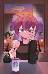  1girl absurdres black_jacket blurry blurry_background bow brown_hair brown_streaks closed_mouth coffee commentary crop_top cup disposable_coffee_cup disposable_cup double-parted_bangs drinking_straw hair_between_eyes hair_bow hh highres holding holding_drinking_straw indoors jacket jacket_partially_removed jururu long_hair long_sleeves looking_at_viewer multicolored_hair pink_eyes purple_bow smile solo starbucks streaked_hair uneven_eyes upper_body virtual_youtuber waktaverse 