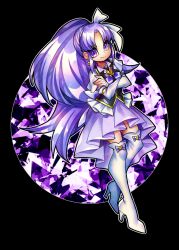  1girl black_background boots bow closed_mouth commentary_request crossed_arms cure_fortune earrings english_commentary footwear_bow hair_ornament happinesscharge_precure! high_heel_boots high_heels hikawa_iona jewelry magical_girl mixed-language_commentary precure purple_bow purple_hair senmu_(0107) simple_background smile solo violet_eyes 