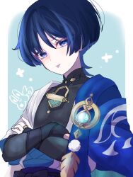  1boy :p anemo_symbol_(genshin_impact) armor belt black_belt black_bodysuit black_bow black_bridal_gauntlets blue_background blue_cape blue_gem blue_kimono blue_rope blue_sash blunt_ends bodysuit border bow bridal_gauntlets cape choppy_bangs covered_collarbone crossed_arms eyeliner feathers gem genshin_impact gold gold_ring hand_on_own_arm highres japanese_armor japanese_clothes juban kana40830 kimono kote kurokote makeup male_focus mandarin_collar middle_ring open_clothes open_kimono pillarboxed pom_pom_(clothes) red_eyeliner rope sash scaramouche_(genshin_impact) short_sleeves shoulder_peek side_cape solo tongue tongue_out tsurime violet_eyes vision_(genshin_impact) wanderer_(genshin_impact) white_border white_kimono white_sleeves white_trim yellow_feathers 