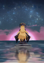  1girl absurdres black_dress black_hat blonde_hair commentary_request dalachi_(headdress) dress facing_away from_behind gasubanana hat highres junko_(touhou) long_hair long_sleeves red_tabard reflection reflective_liquid sky solo star_(sky) starry_sky tabard touhou very_long_hair wide_sleeves 