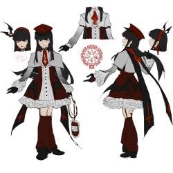  1girl 454dual :p alternate_costume alucard_(hellsing) arm_belt bat_hair_ornament bat_wings belt black_belt black_choker black_gloves black_hair black_shawl black_shoes blood blood_bag blunt_bangs buckle capelet choker collared_dress commentary cross dress english_commentary frilled_dress frilled_sleeves frills girlycard gloves gothic_lolita hair_ornament hairband hat hellsing hellsing:_the_dawn highres holding_blood_bag intravenous_drip inverted_cross inverted_cross_print lolita_fashion long_hair long_sleeves looking_at_viewer loose_socks military_hat military_lolita multiple_views necktie pentagram red_dress red_eyes red_hairband red_hat red_necktie red_socks reference_sheet shawl shoes signature simple_background smile socks syringe tongue tongue_out vampire white_background white_capelet white_sleeves wing_hair_ornament wings 