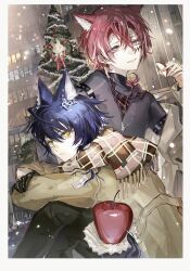  2boys absurdres animal_ear_fluff animal_ears apple apple_slice arknights arm_belt bellone_(arknights) black_gloves black_pants black_shirt brown_coat building chinese_commentary choshanland_plushy_(arknights) christmas_tree coat coat_partially_removed commentary_request crossed_bangs diamond_(shape) diamond_facial_mark facial_mark feet_out_of_frame food fruit gloves hair_between_eyes hair_ornament hand_up heart heart_hair_ornament highres holding holding_food long_sleeves looking_at_viewer male_focus mole mole_under_eye multiple_boys outdoors pants pov pov_hands red_hair scarf shirt short_hair sitting smirk snow spr75 vigil_(arknights) violet_eyes wolf_boy wolf_ears yellow_eyes 