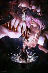  2boys alcohol black_hair coat cup enten_(sword) highres hiruhiko_(kagurabachi) holding holding_sword holding_weapon jacket kagurabachi katana kazukibooo kumeyuri_(sword) long_hair male_focus multiple_boys oiran pouring rokuhira_chihiro sakazuki sake scar scar_across_eyes short_hair sword weapon 
