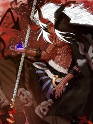  1boy abs black_nails body_markings bracelet commentary dark-skinned_male dark_skin extra_eyes highres horns jewelry long_hair male_focus nerona_imu oestart one_piece parted_lips red_eyes ringed_eyes skull solo spiked_bracelet spikes stitches tail weapon white_hair 