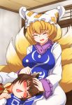  animal_ears blonde_hair blush bow breasts brown_hair cat_ears chen chestnut_mouth closed_eyes ear_cleaning eargasm earrings fingernails fox_tail hat jewelry lap_pillow large_breasts mimikaki multiple_girls multiple_tails no_hat no_headwear open_mouth pandain petting s-day short_hair single_earring smile tail touhou yakumo_ran 