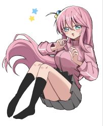  1girl black_socks blue_eyes blush_stickers bocchi_the_rock! breasts chinami_ura commentary_request cube_hair_ornament floating_hair full_body gotoh_hitori grey_skirt hair_ornament hands_up highres invisible_chair jacket large_breasts long_hair long_sidelocks long_sleeves looking_at_viewer miniskirt no_shoes one_side_up open_mouth pink_hair pink_jacket pleated_skirt raised_inner_eyebrows sidelocks simple_background sitting skirt socks solo star_(symbol) track_jacket white_background 