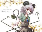  animal_ears bad_id basket dowsing_rod dowsing_rods dress grey_dress grey_hair jewelry mouse mouse_ears mouse_tail nazrin necklace red_eyes smile solo tail tamago_gohan touhou 