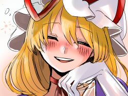  1girl blonde_hair blush choker closed_eyes commentary cup dress drunk elbow_gloves gloves hair_between_eyes hat hat_ribbon head_rest highres holding holding_cup kashiwara_mana long_hair mob_cap parted_lips perfect_cherry_blossom portrait purple_dress ribbon ribbon_choker smile solo touhou upper_body white_gloves yakumo_yukari 