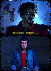 2boys absurdres alpharecdyt beard black_eyes black_hair black_shirt blue_jacket blue_pants bruise bruised_eye closed_mouth collarbone cosplay emphasis_lines english_commentary eyepatch facial_hair goatee highres injury jacket kiryu_kazuma looking_at_another lower_teeth_only majima_goro male_focus menacing_(jojo) michael_jackson michael_jackson_(cosplay) multiple_boys ola_ray ola_ray_(cosplay) open_mouth pants parody pocket red_jacket red_shirt ryuu_ga_gotoku_(series) ryuu_ga_gotoku_1 ryuu_ga_gotoku_kiwami shirt short_hair signature soul_patch standing subtitled sweatdrop teeth thriller_(michael_jackson) torn_clothes torn_jacket zipper zipper_pull_tab zombie 