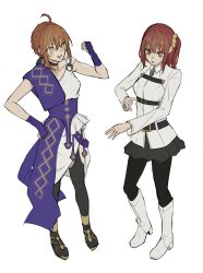  2girls ahoge belt black_belt blue_gloves boots choker commentary_request cosplay costume_switch fate/grand_order fate_(series) fingerless_gloves fujimaru_ritsuka_(female) fujimaru_ritsuka_(female)_(cosplay) full_body gloves hair_ornament hair_scrunchie high_heels highres hippolyta_(fate) hippolyta_(fate)_(cosplay) light_blush long_sleeves miniskirt multiple_girls natsushou_seru o-ring pantyhose scrunchie sekine_akira sidelocks skirt toga voice_actor_connection white_boots yellow_eyes 