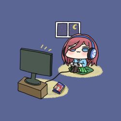  1girl :3 akino_ell black_pantyhose blue_eyes blue_sweater blush brown_hair chibi closed_mouth collared_shirt commentary_request controller copyright_request crescent_moon flat_screen_tv game_controller go-toubun_no_hanayome green_skirt hair_over_one_eye headphones holding holding_controller moon nakano_miku night no_shoes notice_lines pantyhose pleated_skirt shirt sitting skirt sky solo star_(sky) starry_sky sweater television v-shaped_eyebrows white_shirt window 