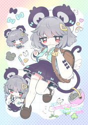  1girl absurdres alternate_costume animal_ears aqua_bow backpack bag basket black_skirt blue_vest bow brown_bag brown_shoes bug butterfly clover commentary_request commission dotaku_(wran8845) flute grey_hair hair_ornament highres holding holding_flute holding_instrument holding_with_tail instrument jewelry long_sleeves looking_at_viewer medium_hair mouse_(animal) mouse_ears mouse_girl mouse_tail multiple_views nazrin necklace pendant playing_instrument prehensile_tail rainbow_background randoseru recorder red_eyes shirt shoes skeb_commission skirt skirt_bow tail thigh-highs touhou vest watermark white_butterfly white_shirt white_thighhighs 