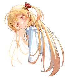  1girl :3 absurdres ahoge azusamaru bent_over blonde_hair closed_mouth commentary_request cropped_torso dot_nose frilled_jacket frills gold_trim gradient_hair hair_flowing_over hair_ornament hair_ribbon hairclip head_tilt highres hololive hololive_dev_is jacket long_hair long_sleeves looking_at_viewer loose_hair_strand multicolored_hair musical_note musical_note_hair_ornament one_side_up orange_hair otonose_kanade otonose_kanade_(1st_costume) raised_eyebrows red_eyes red_ribbon ribbon shaded_face sidelocks simple_background smile solo two-tone_hair virtual_youtuber white_background white_jacket 