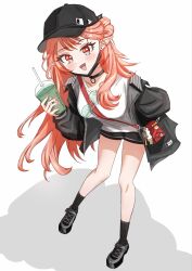  1girl arknights axgbc29 bag baseball_cap black_choker black_jacket black_shoes black_shorts black_socks blush breasts choker commentary_request cup drink full_body hair_bun hand_up haruka_(arknights) haruka_(casual)_(arknights) hat highres holding holding_cup jacket large_breasts long_hair long_sleeves looking_at_viewer mask mouth_mask open_clothes open_jacket open_mouth orange_eyes orange_hair pink_hair pointy_ears puffy_long_sleeves puffy_sleeves round_eyewear shirt shoes short_shorts shorts shoulder_bag single_hair_bun single_side_bun sleeves_past_wrists smile socks solo very_long_hair white_background white_shirt 