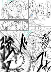  1boy 1girl ;> ;o aris_(blue_archive) blue_archive dai3 doodle_sensei_(blue_archive) green_halo greyscale hair_between_eyes hairband halo highres holding holding_hose hose long_hair long_hair_between_eyes monochrome necktie one_eye_closed open_mouth ringed_eyes sensei_(blue_archive) speech_bubble spot_color water wet 