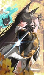  1girl absurdres animal_ear_fluff animal_ears black_dress black_hair commentary_request dress falling_leaves fingerless_gloves fox_ears fox_girl from_side gloves highres holding holding_sword holding_weapon hoshimi_miyabi hoshimi_miyabi_(dignified_blossom) japanese_clothes katana leaf long_hair looking_at_viewer official_alternate_costume parted_lips red_eyes single_fingerless_glove single_glove sword tailless_(zenless_zone_zero) tang_ke tree two-tone_dress weapon white_dress zenless_zone_zero 