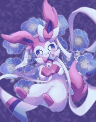  :3 :p absurdres animal_focus blue_eyes blue_flower bow bright_pupils closed_mouth commentary flower full_body haru_glaceon highres looking_at_viewer no_humans pink_fur pokemon pokemon_(creature) pokemon_focus purple_background ribbon simple_background solo sylveon tongue tongue_out two-tone_fur untranslatable_commentary white_fur white_pupils 