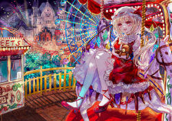  1girl absurdres aerial_fireworks amusement_park ascot blonde_hair carousel castle collared_shirt commentary_request crystal crystal_wings english_commentary fireworks flandre_scarlet frilled_shirt_collar frills hat hat_ribbon high_heels highres holding holding_stuffed_toy looking_at_viewer mixed-language_commentary mob_cap multicolored_wings one_side_up open_mouth outdoors red_eyes red_shoes red_skirt red_vest ribbon shirt shoes skirt skirt_set smile solo stuffed_animal stuffed_toy suzushina teddy_bear touhou vest white_hat white_shirt wings yellow_ascot 