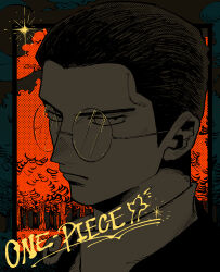  1boy captain_kuro closed_mouth commentary_request copyright_name expressionless glasses hair_slicked_back highres larugo0513 looking_at_viewer male_focus one_piece portrait round_eyewear short_hair sideburns solo sparkle 