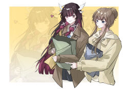 2girls baeksansan bag coat columbina_(genshin_impact) commentary_request genshin_impact gradient_background head_wings highres holding holding_bag looking_at_viewer multiple_girls paper_bag sandrone_(genshin_impact) white_background white_wings wings yellow_background yuri 